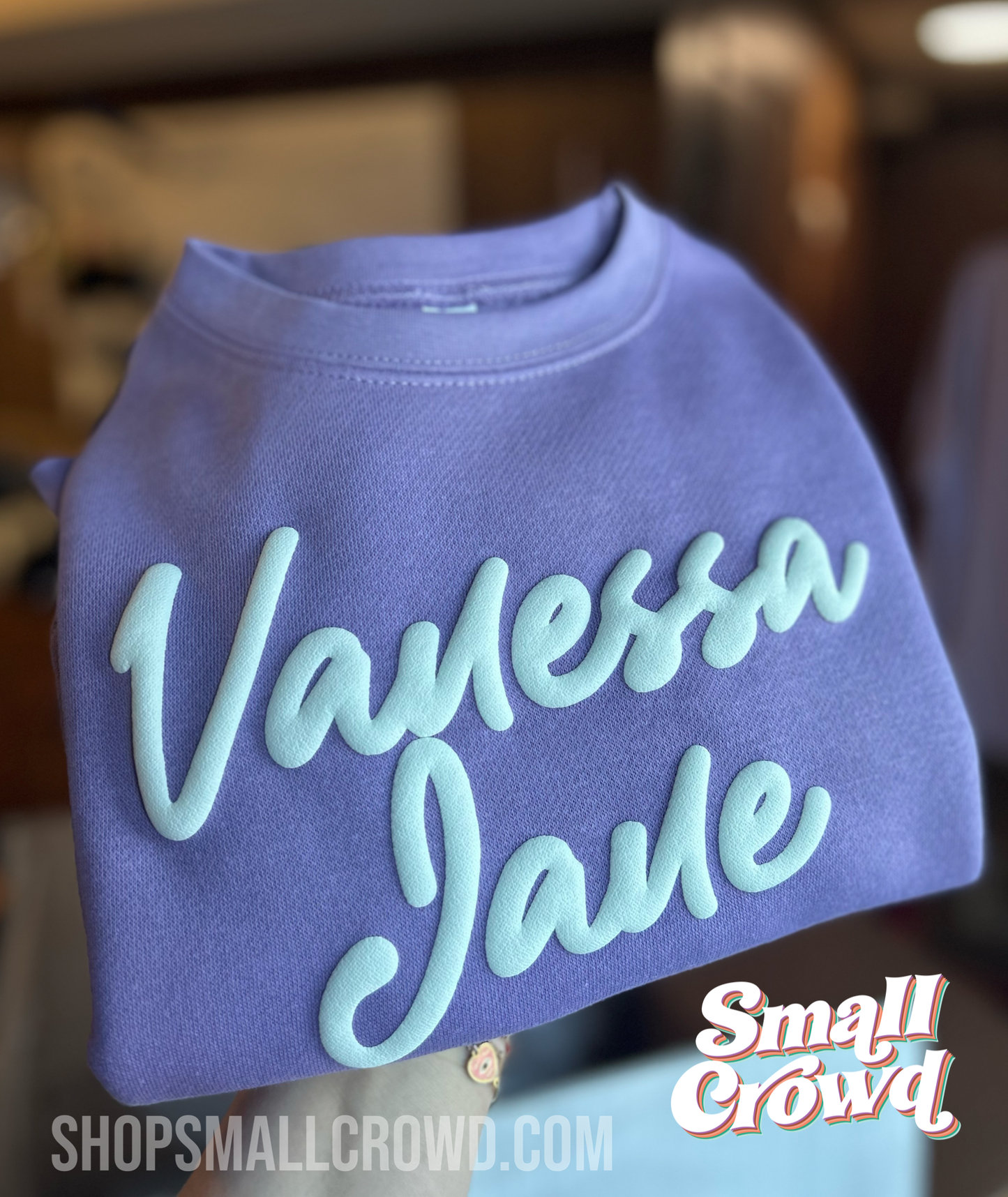 Custom Puff - White Glow Aesthetic Script on Lavender