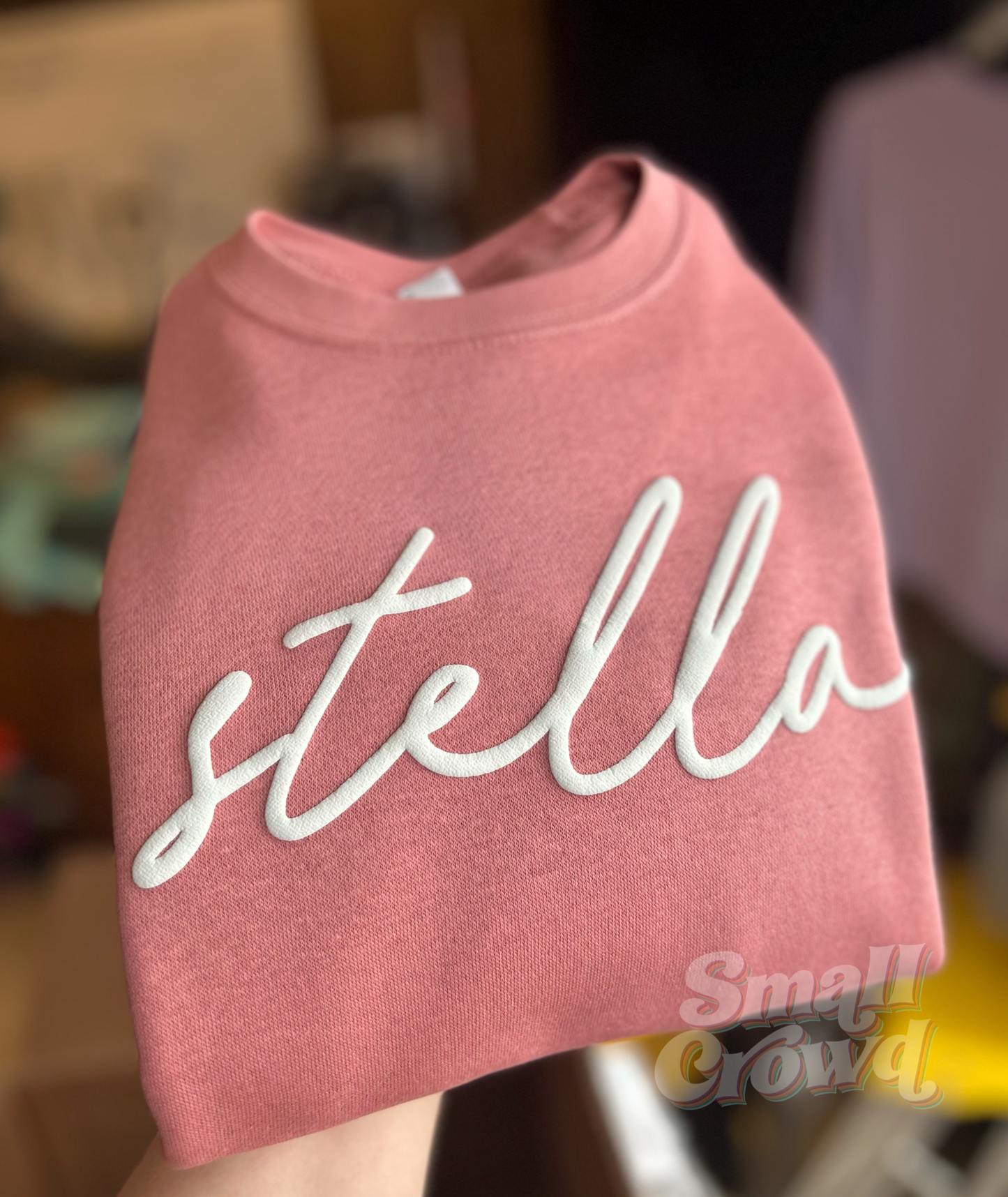 Custom Puff Sweatshirt - White Script (glow) Mauve