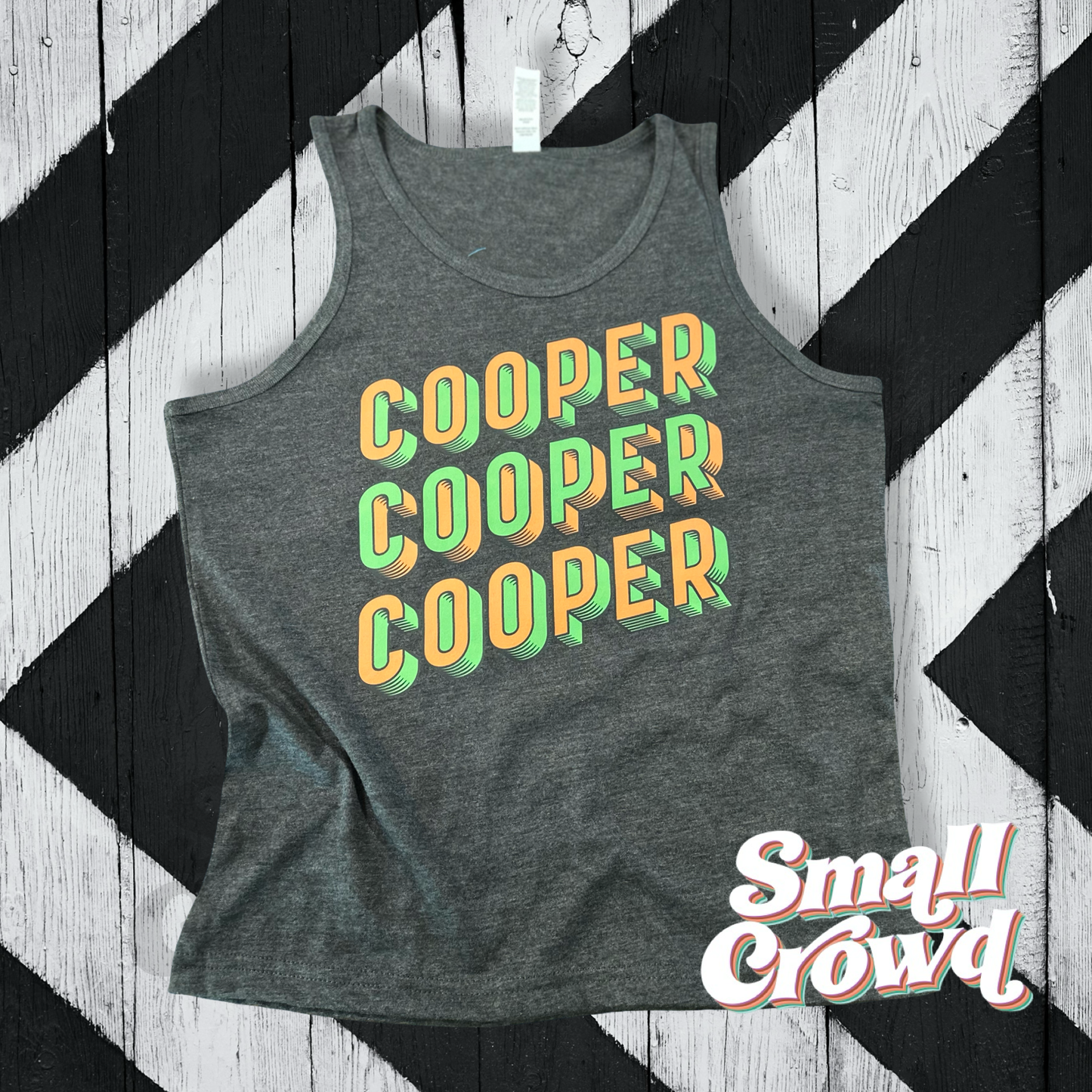 Comic Block Green/Orange Custom Name tees/tanks- Heather Charcoal