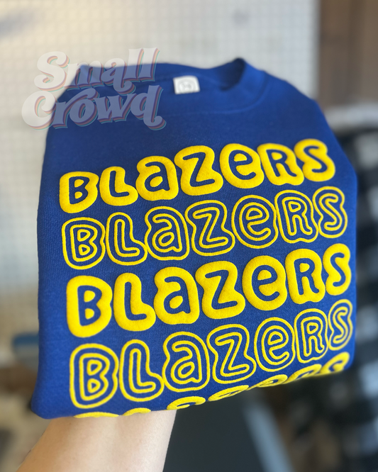 Custom Yellow Puff on Royal sweatshirt - stack