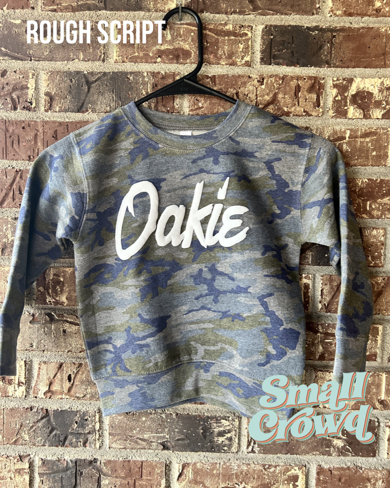 Puff Name ROUGH SCRIPT - white on Vintage Camo