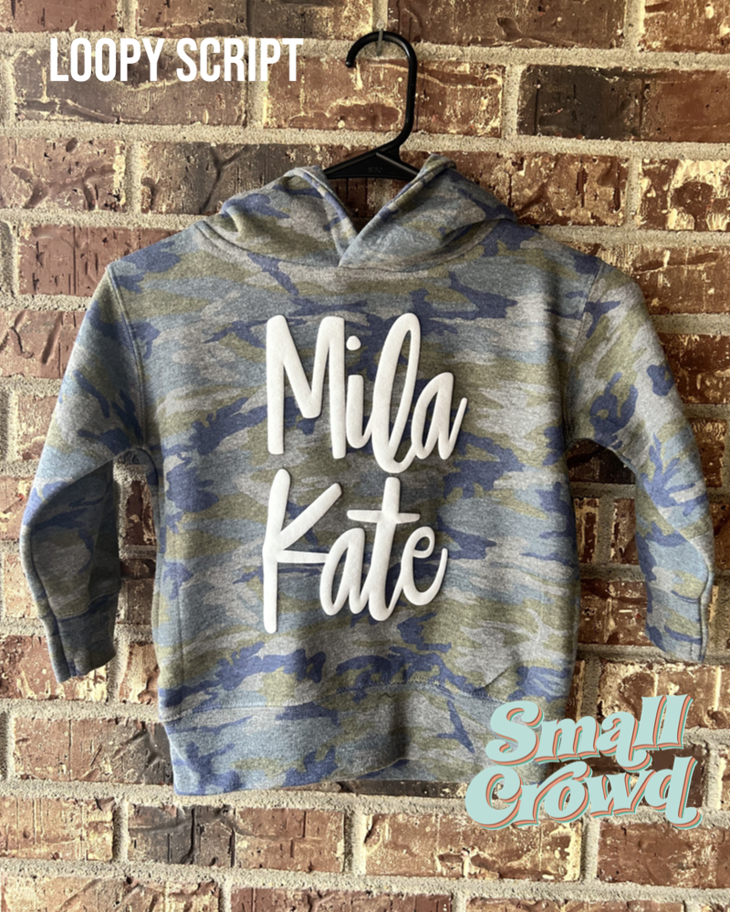 Puff Name LOOPY SCRIPT - white on Vintage Camo