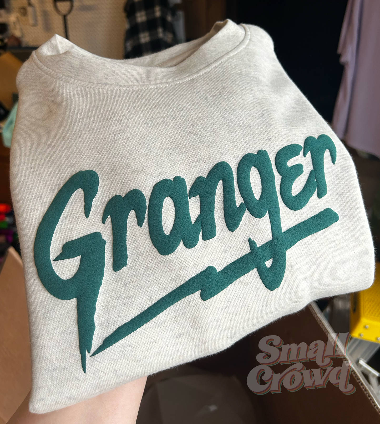 Custom PUFF Names - dark green on Heather Natural