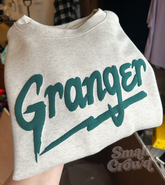 Custom PUFF Names - dark green on Heather Natural