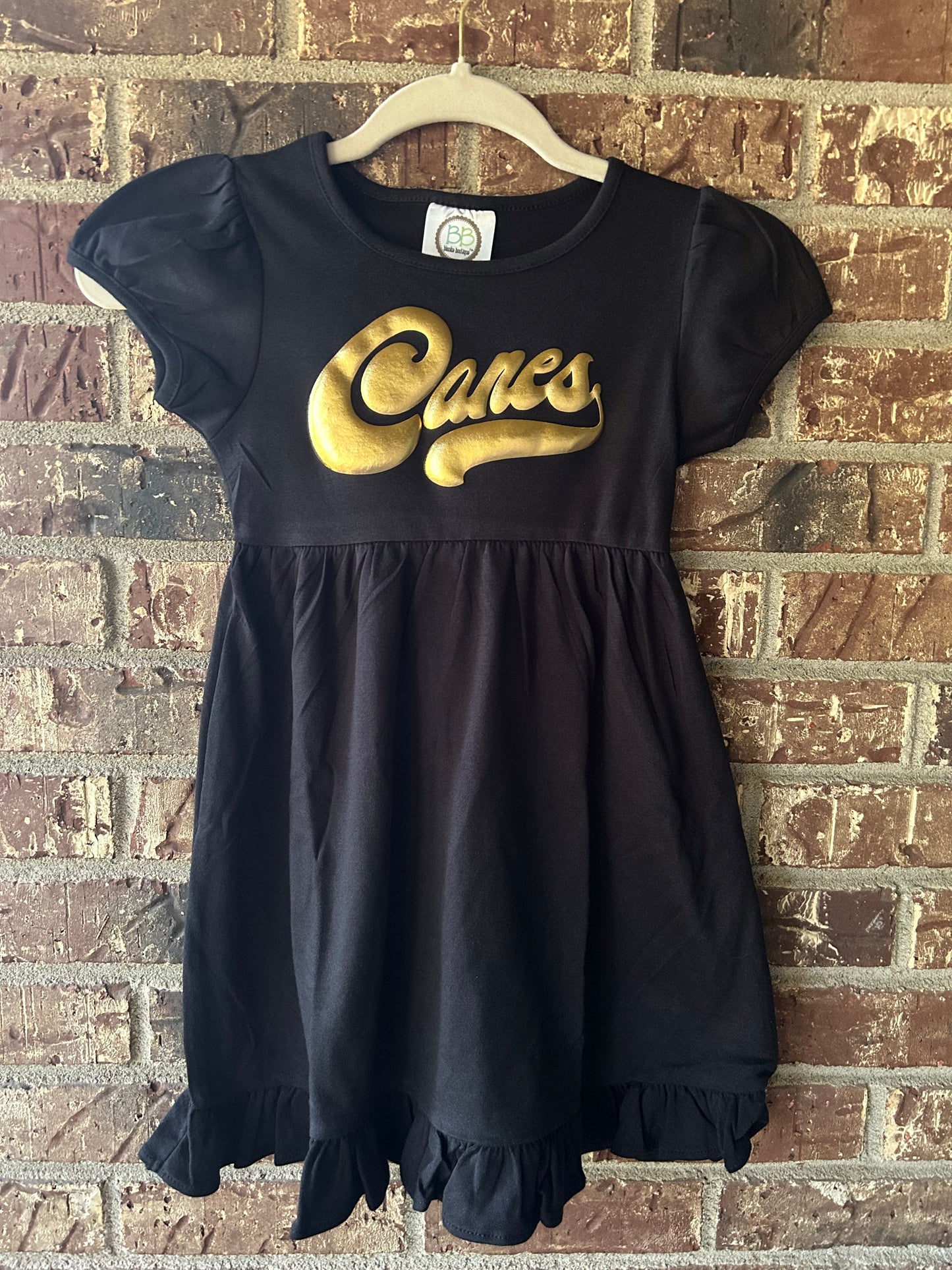 Canes Metallic Gold Puff on black - Ruffle Dress short sleeve