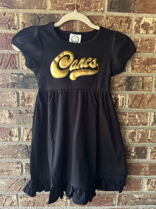 Canes Metallic Gold Puff on black - Ruffle Dress short sleeve