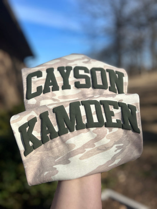 Custom Puff on Natural Camo -  (more puff colors/fonts available)