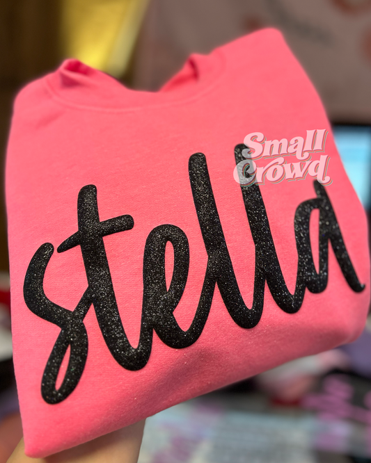 Custom Script Puff - Black Glitter on Neon Pink