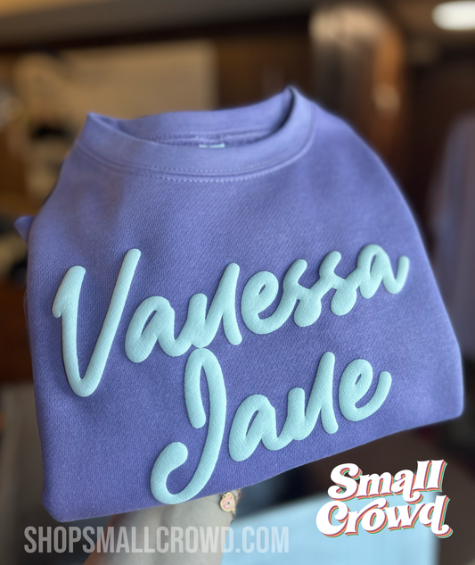 Custom Puff - White Glow Aesthetic Script on Lavender