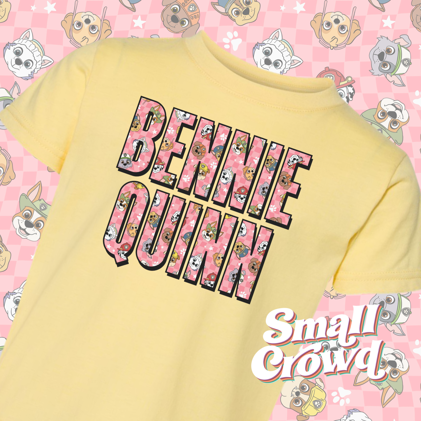 Patrol Pups Pink Check Custom Name Tee - Butter