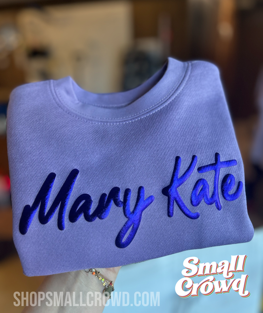 Custom Puff - Metallic Purple Aesthetic Script on Lavender