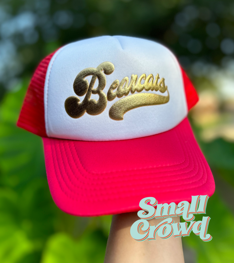 Bearcats Trucker Hat - metallic gold on red/white