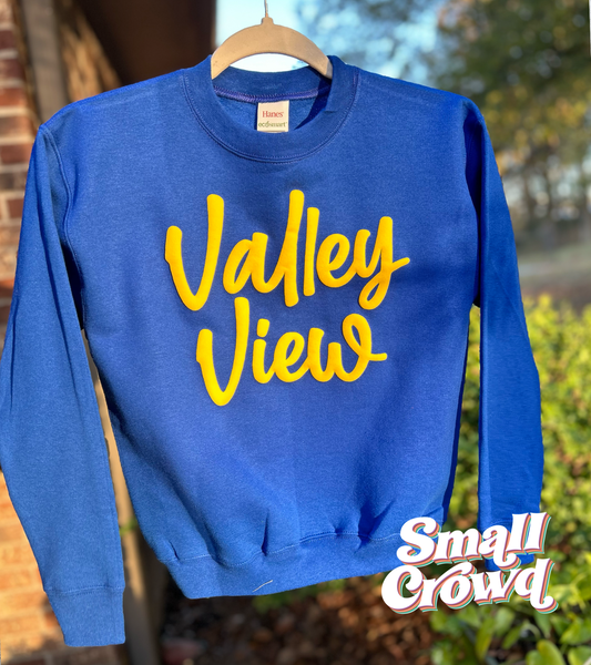 Valley View Sweatshirt - yellow PUFF on royal
