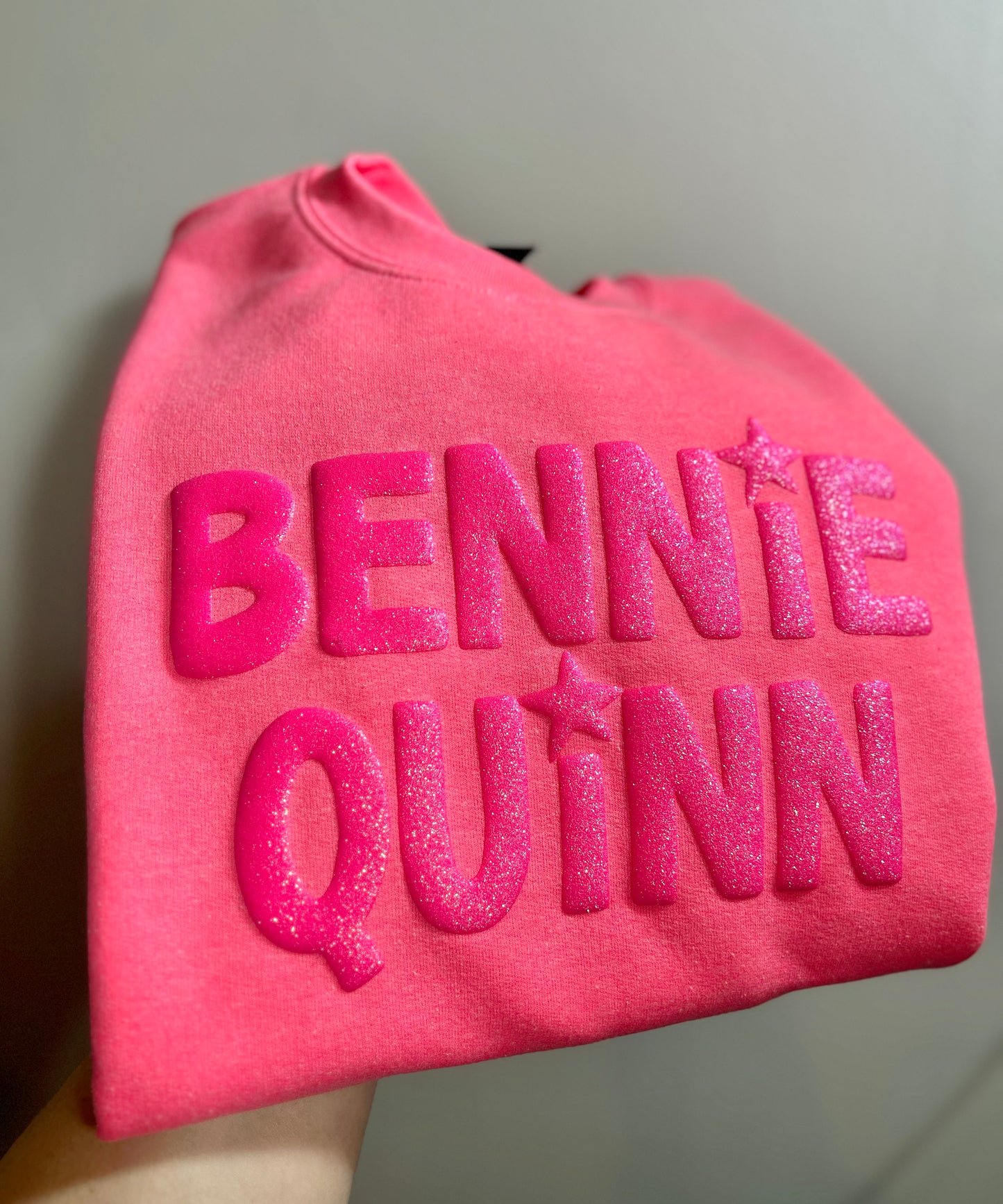 Neon Pink Glitter Puff on Neon Pink