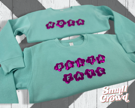 Custom Flower Font Puff - Pink Metallic on Chill