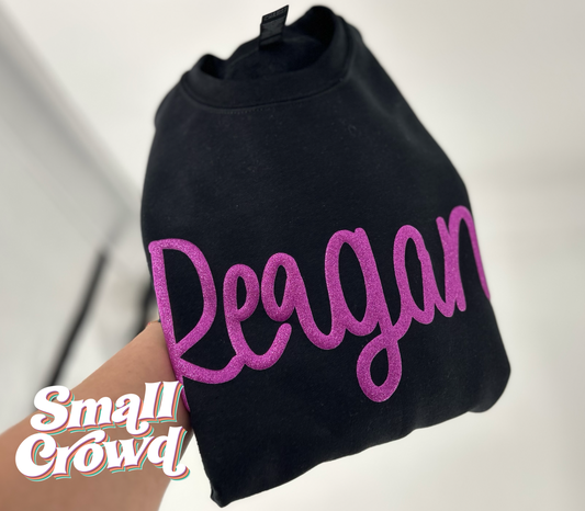 Custom PUFF Name - GLITTER purple on Black