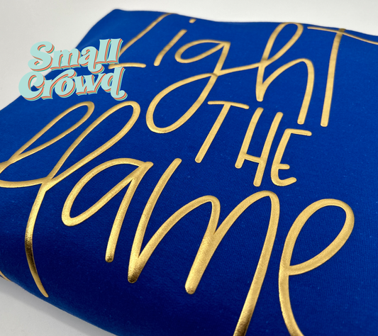 Light The Flame Valley View - metallic gold on royal sweatshirt