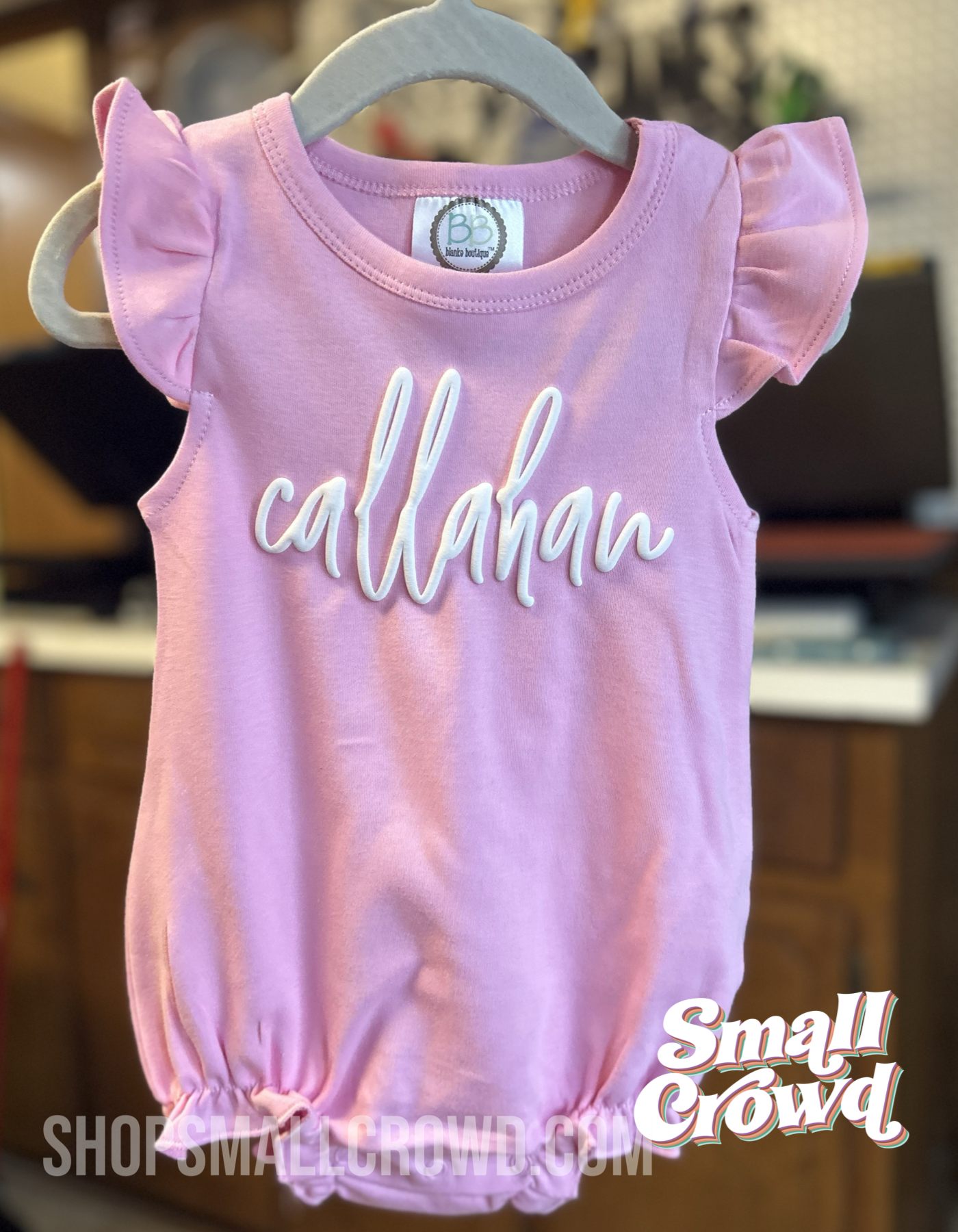 Bubble ruffle Tank - pink with white puff script