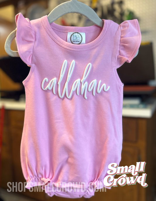 Bubble ruffle Tank - pink with white puff script