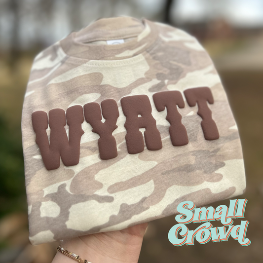 Custom Puff on Natural Camo -  (more puff colors/fonts available)