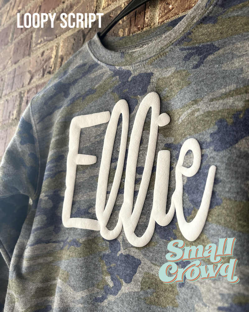 Puff Name LOOPY SCRIPT - white on Vintage Camo