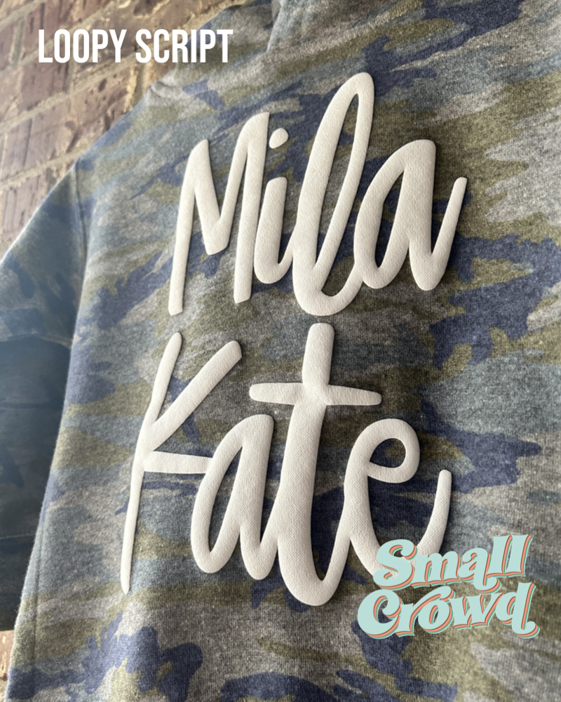 Puff Name LOOPY SCRIPT - white on Vintage Camo