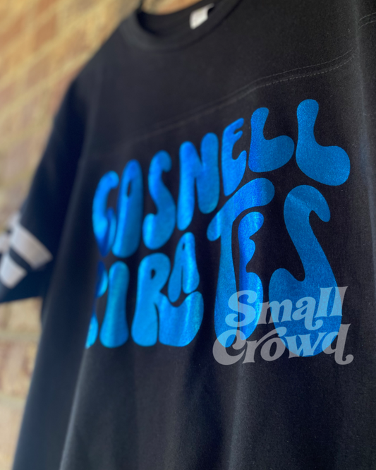 Gosnell Pirates Retro Foil Varsity Tee - black with royal foil
