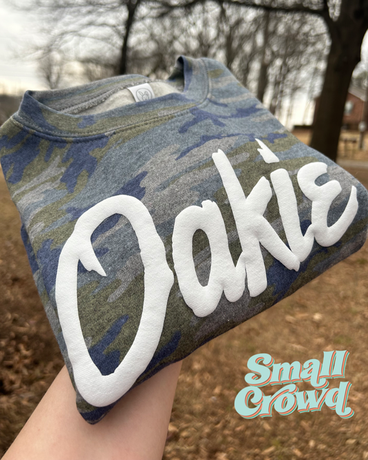 Puff Name ROUGH SCRIPT - white on Vintage Camo
