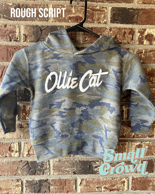 Puff Name ROUGH SCRIPT - white on Vintage Camo