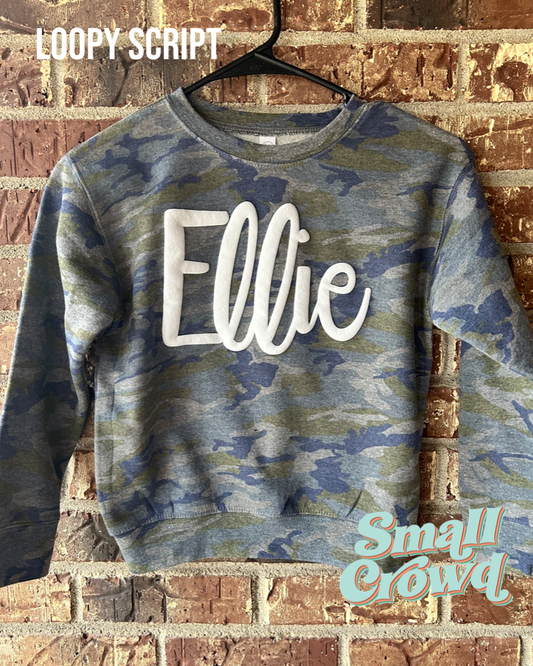 Puff Name LOOPY SCRIPT - white on Vintage Camo